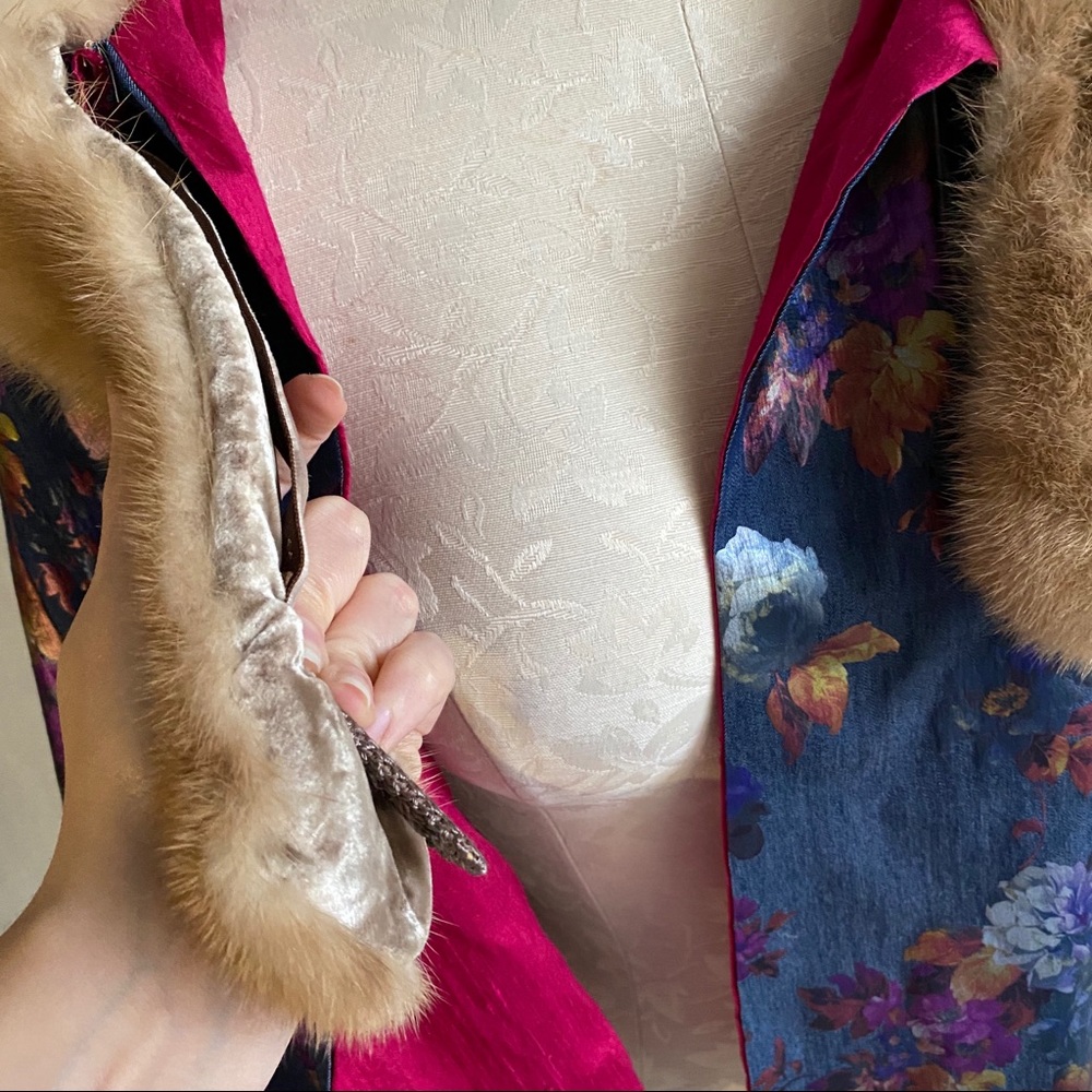 Vintage Cape OS Mink Fur Rainbow Floral Print Wrap - Picture 7 of 8
